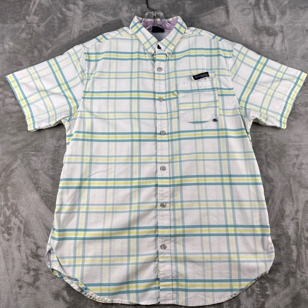 Columbia Button-Down Shirt Mens M PFG Regular White Plaid Short Sleeve EUC